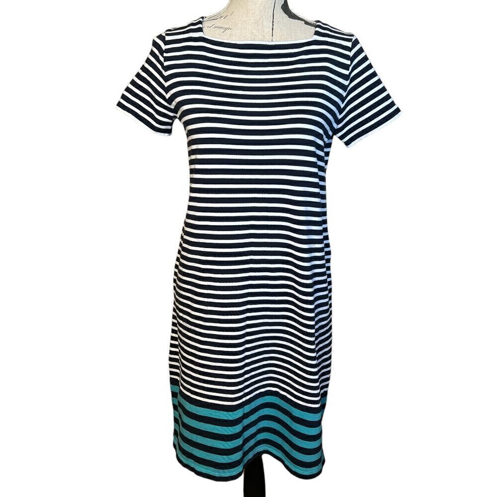J.Jill Cotton Dress Striped Navy Blue Short Sleeve Pockets Casual Classic XS